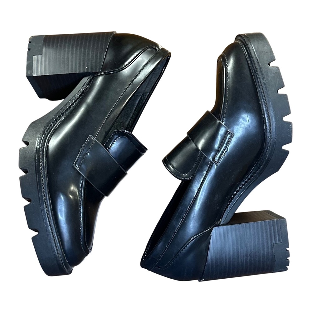 Madden Girl Smarty Black Platform Lug Sole Block Heel Loafers Size 8.5
